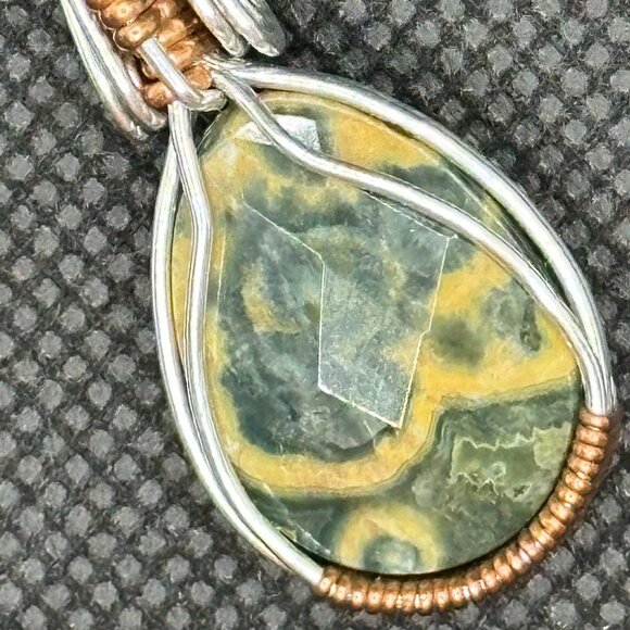 Green/Yellow Jasper Silver and Copper Wrapped Wire Pendant - Picture 7 of 12
